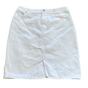 Lands' End Cotton White Denim Pencil Skirt, Front Slit, Size 10